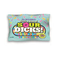A colorful mint-green bag of sour dicks candy with rainbow gummies and bold lettering from lady jane adult shop