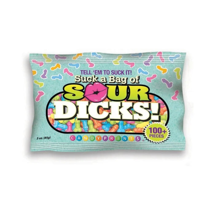 A colorful mint-green bag of sour dicks candy with rainbow gummies and bold lettering from lady jane adult shop