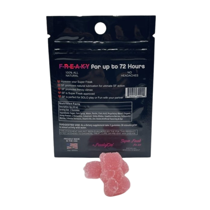 Transform your intimacy with Super Freak Gummy for Her. Welcome increased desire, natural lubrication, and multiple orgasmic levels effortlessly! Upgrade your intimate moments. 2 per pack.