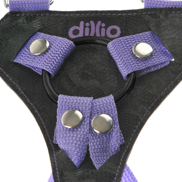 Suspender Strap On Harness with 7 inch Dillio - Middle where dildo attaches with 4 pop buttons keeping the O-ring in place.