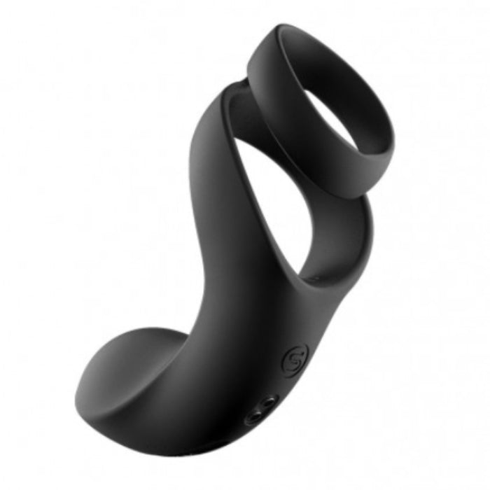 Black silicone cock ring with curved ergonomic design and two interlocking loops vibrating double cock ring by svakom