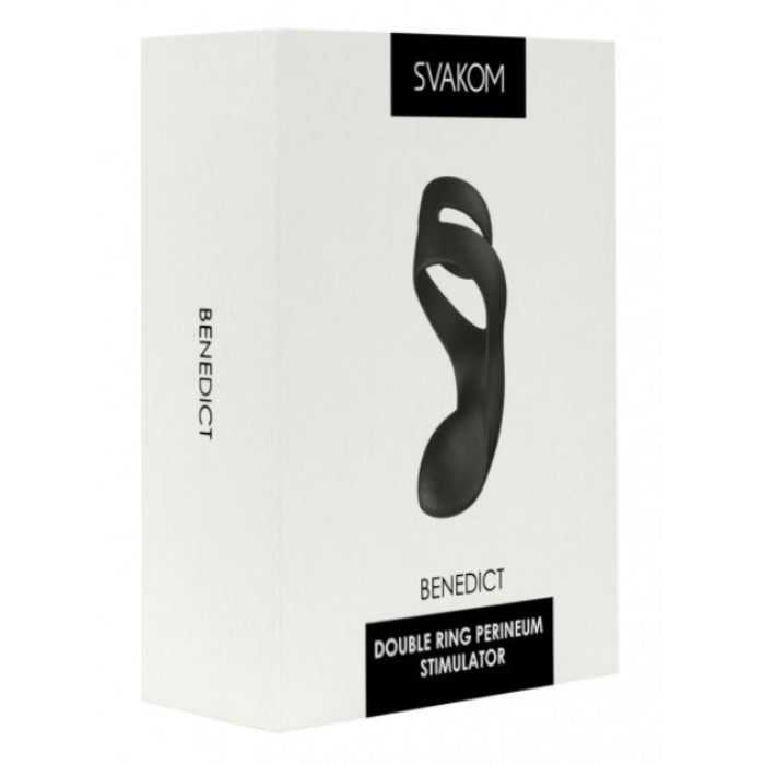 Black silicone double vibrating cock ring perineum stimulator in white svakom branded box for intense pleasure