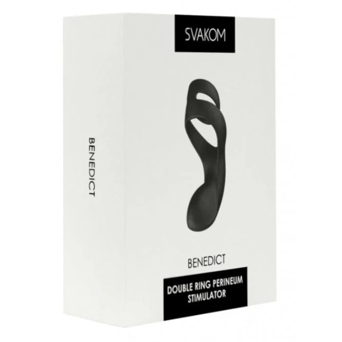 Black silicone double vibrating cock ring perineum stimulator in white svakom branded box for intense pleasure