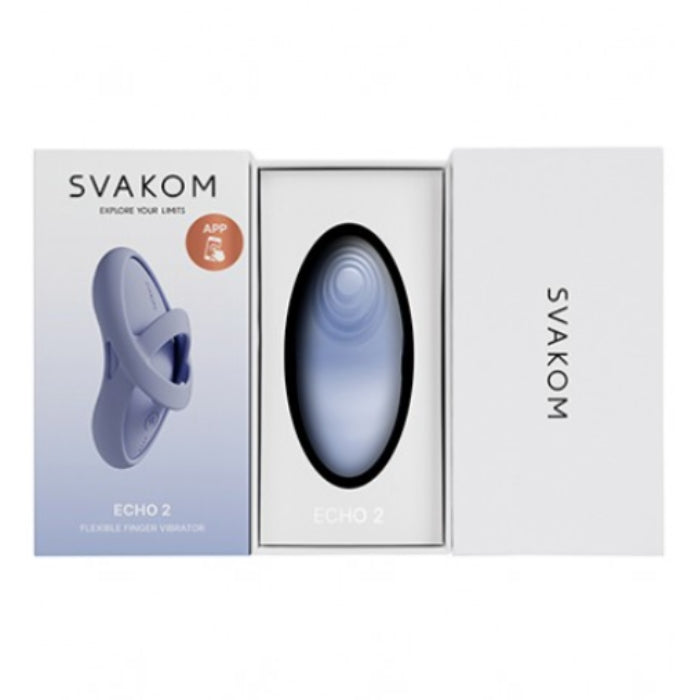 The svakom echo 2 mini finger vibrator in blue features ultra soft liquid soft liquid silicone with a removable finger sleeve