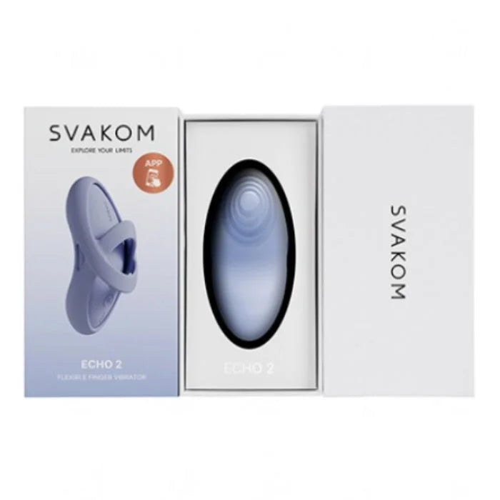The svakom echo 2 mini finger vibrator in blue features ultra soft liquid soft liquid silicone with a removable finger sleeve