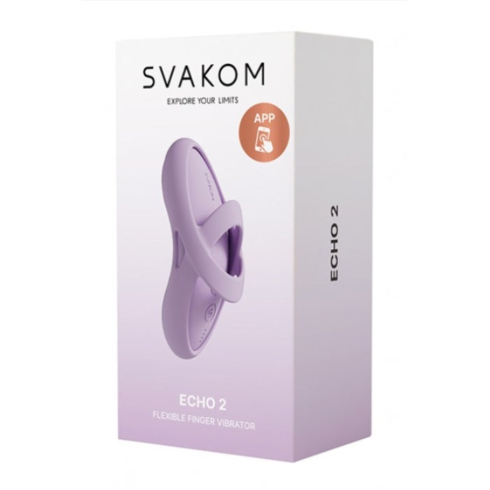 Svakom echo 2 mini finger vibrator purple with soft liquid silicone, ergonomic design, and removable finger sleeve