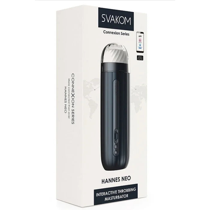 Black Svakom Hannes Neo interactive penis masturbator with throbbing textured head