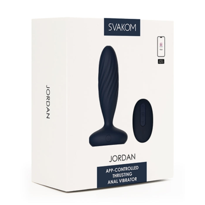 Navy blue Svakom Jordan beginner friendly anal vibrator with ribbed shaft and oval app-controlled remote
