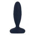 Navy blue silicone svakom jordan beginner friendly anal plug with textured twisted surface and circular button base
