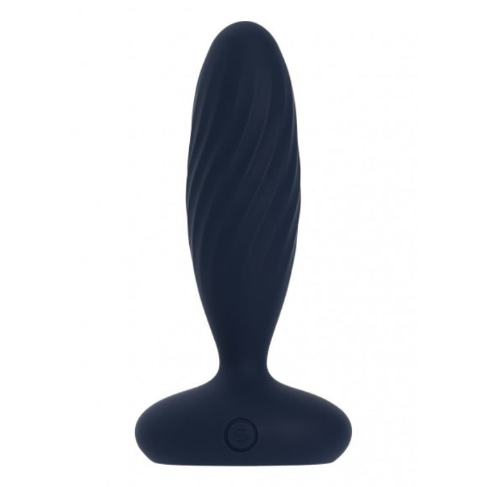 Navy blue silicone svakom jordan beginner friendly anal plug with textured twisted surface and circular button base