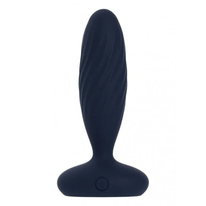 Navy blue silicone svakom jordan beginner friendly anal plug with textured twisted surface and circular button base