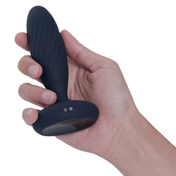 Navy blue silicone svakom jordan thrusting and vibrating anal plug with textured grip and control buttons, beginner friendly anal vibrator