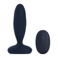 Navy blue silicone svakom jordan thrusting and vibrating anal plug with textured surface and matching remote controller for beginner friendly anal use