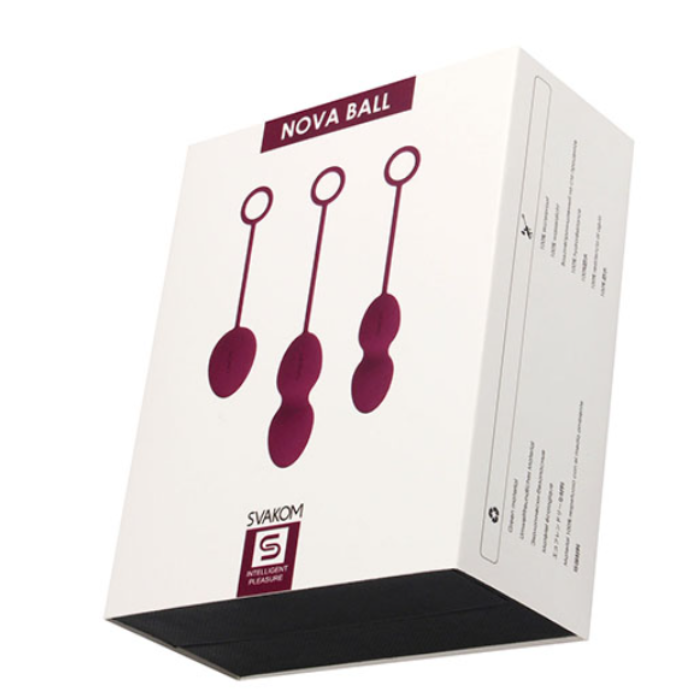 Svakom Nova violet weighted balls in white box with maroon ovals