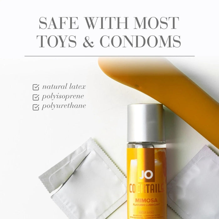 Adult fun meets adult flavors in this Mimosa  water-based Cocktail inspired flavored lubricant. The sensual, comforting glide and silky-smooth feel are perfect for any intimate moment, particularly when transitioning from oral to other types of play. And when you’re done, it cleans off easily and leaves your skin feeling soft and moisturized. Safe with most toys and condoms.