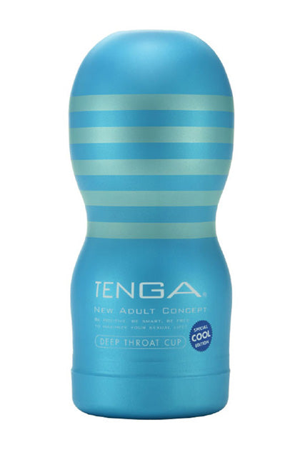 Blue tenga deep throat vacuum cup with light blue stripes and glossy plastic finish for powerful vacuum experience