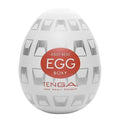White egg-shaped tenga easy beat boxy container with geometric pattern and red easy beat egg boxy label