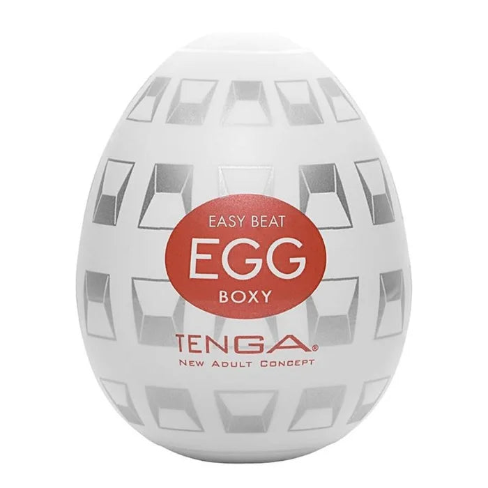 White egg-shaped tenga easy beat boxy container with geometric pattern and red easy beat egg boxy label