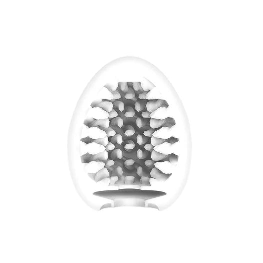 White egg-shaped Tenga easy beat brush with glossy surface, silver stripes, body safe elastomer, and pre lubricated design