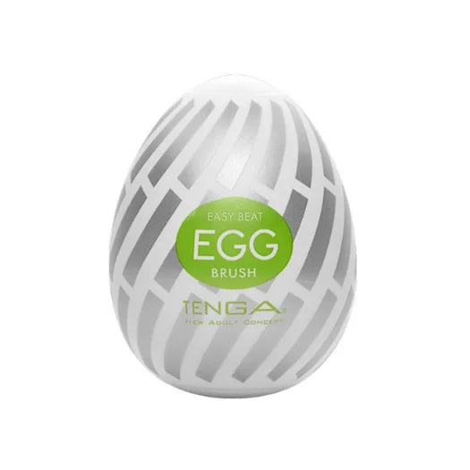 White egg-shaped Tenga easy beat brush with glossy surface, silver stripes, body safe elastomer, and pre lubricated design