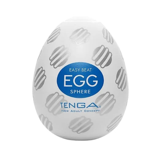 White tenga easy beat sphere with silver stripes and blue branding made from pre lubricated body safe elastomer