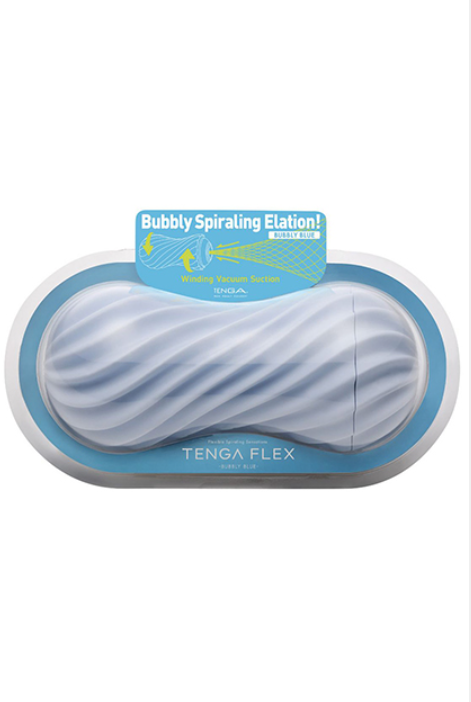 Tenga Flex Bubby Blue with flexible outer shell and swirling ribbed texture