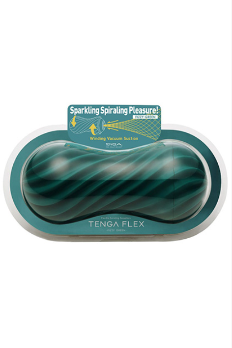 Tenga Flex Fizzy Green teal black swirled vacuum suction toy in packaging