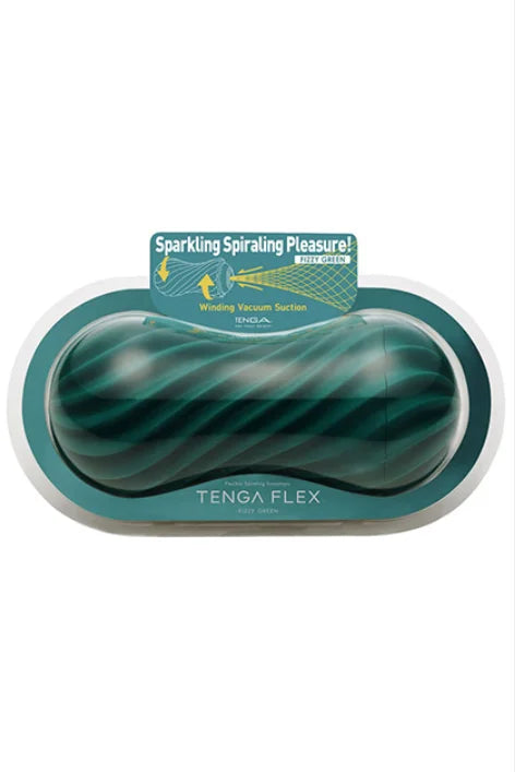 Tenga Flex Fizzy Green teal black swirled vacuum suction toy in packaging