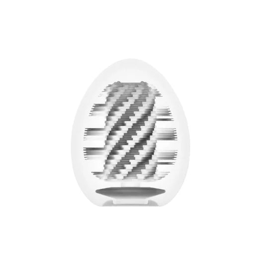 Peach-colored tenga real stronger spiral egg with white zigzag pattern and blue branding for total discretion use