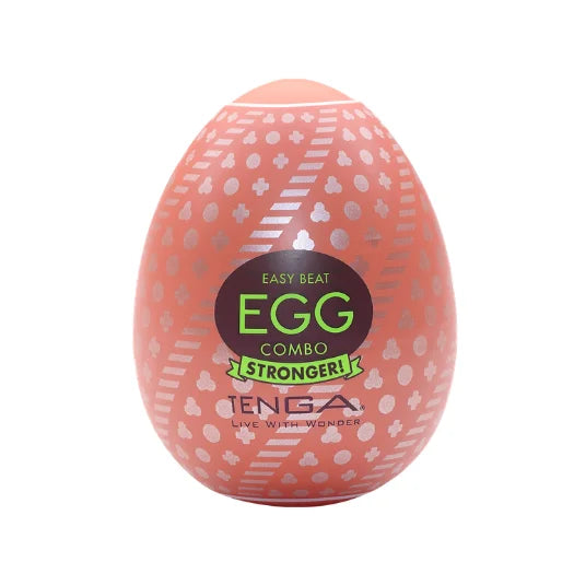 Pink tenga stronger combo featuring high impact sensation discreet egg with white geometric patterns and text