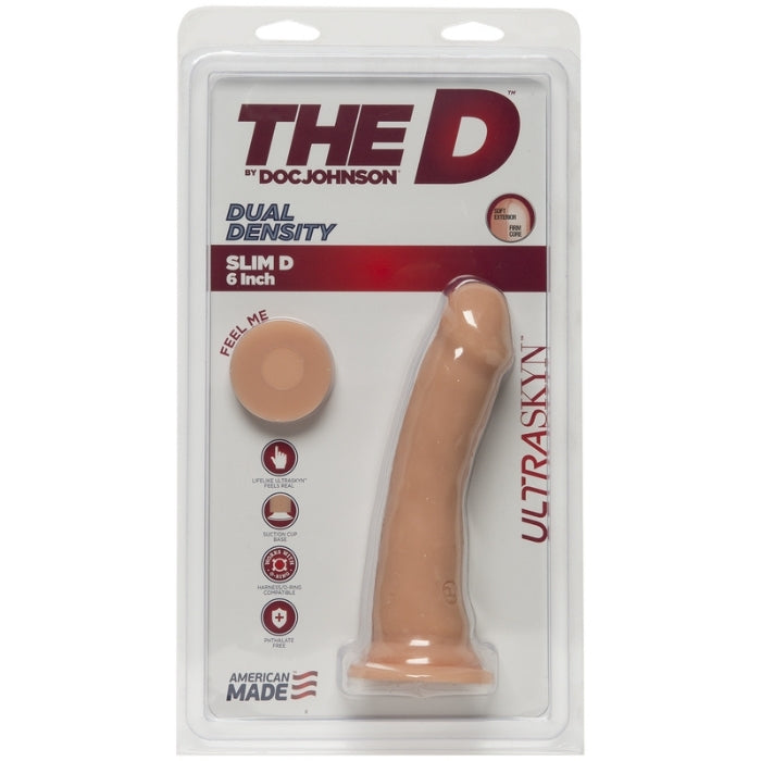 Flesh-colored realistic dildo in retail packaging for The D Slim 6 Inch Dildo - Light