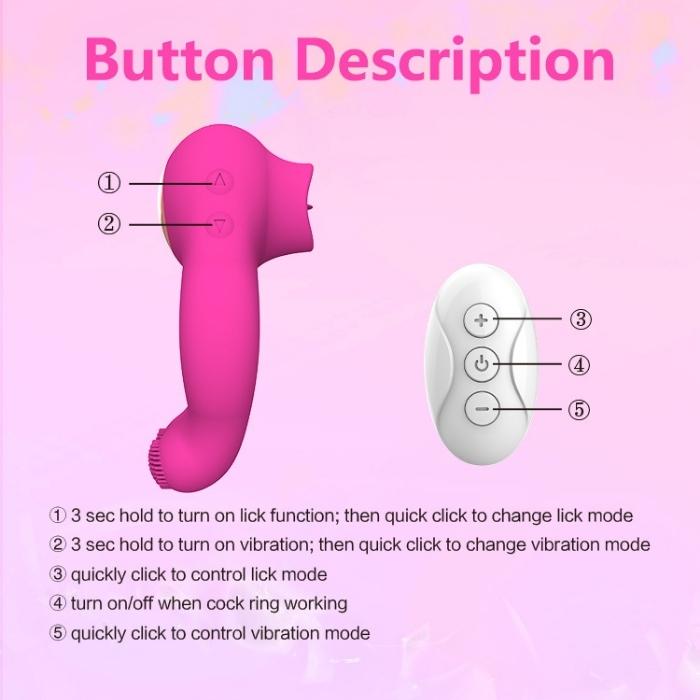 Control description and details. 1. 3 second hold to turn on lick function; then quick click to change lick mode. 2. 3 sec hold to turn on vibration; then quick click to chnage vibration mode. 3. Click to increase lick or vibration speed. 4. Turn on/off when toy is working. 5. Click to decrease lick or vibration speed.