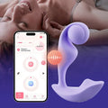 Purple silicone trill wearable single ball dual vibrator with curved ergonomic design and wireless vibration modes on iphone