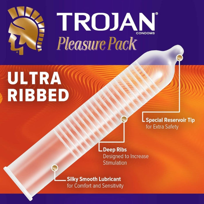 The Trojan Pleasure Pack features an assortment of Trojan's most stimulating condoms to provide sensual excitement for both partners every time. Twisted Lubricated Condom, Sensations Lubricated and Ultra Ribbed Condom.