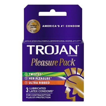 The Trojan Pleasure Pack features an assortment of Trojan's most stimulating condoms to provide sensual excitement for both partners every time. Twisted Lubricated Condom, Sensations Lubricated and Ultra Ribbed Condom.