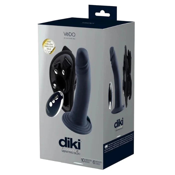 VeDo Diki vibrating dark gray silicone dildo with black carrying case and remote control multiple vibration modes