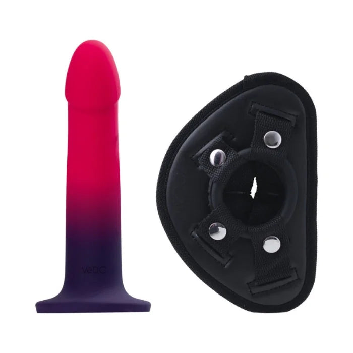 Vedo duo silicone strap on with harness featuring a pink to purple gradient premium silicone dildo and black strap