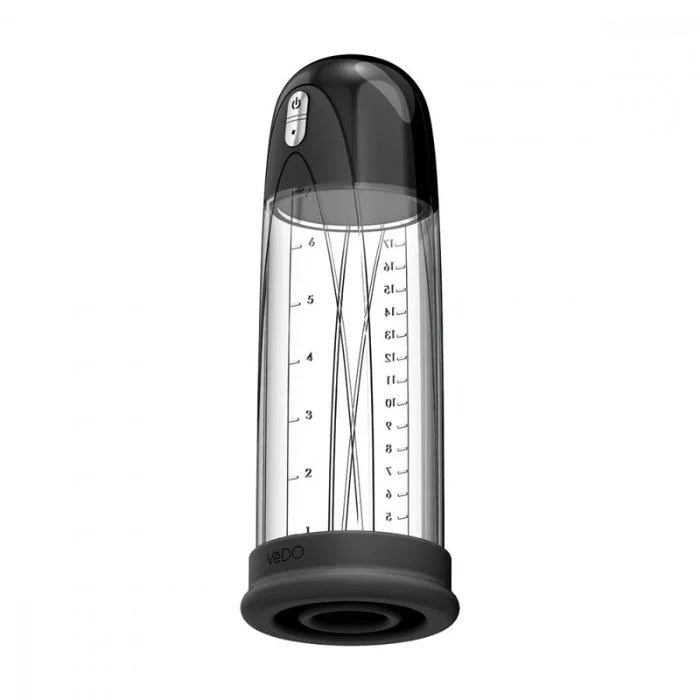 VeDO vibrating penis pump with black and transparent cylinder, power button top cap, and rechargeable vacuum force