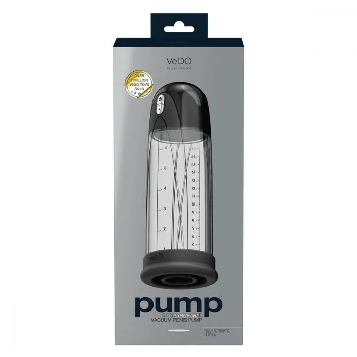 Vedo vibrating penis pump with transparent body, black accents, measurement markings, and rechargeable vacuum force