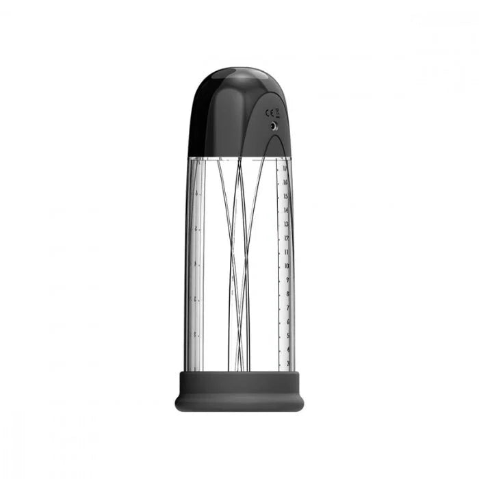VeDO vibrating penis pump with black and transparent glass water heater and measurement markings for vacuum force control