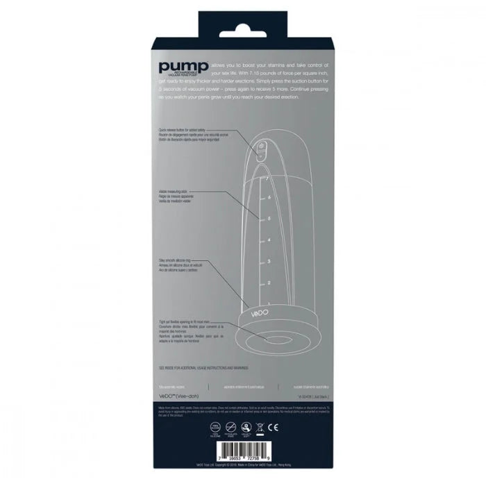 VeDO vibrating penis pump with rechargeable vacuum penis and transparent silicone body featuring vacuum force display