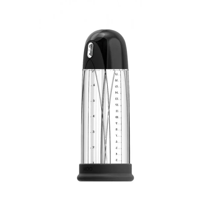 Black and stainless steel cylindrical measuring cup with clear graduated markings for veDO vibrating penis pump vacuum force