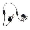Black and silver vibrating nipple clamps with clip-on design soft silicone tips for sensation play and vibrating units