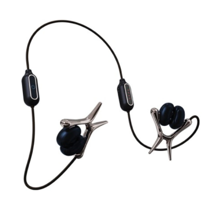Black and silver vibrating nipple clamps with clip-on design soft silicone tips for sensation play and vibrating units