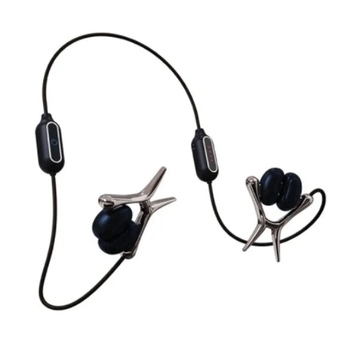 Black and silver vibrating nipple clamps with clip-on design soft silicone tips for sensation play and vibrating units