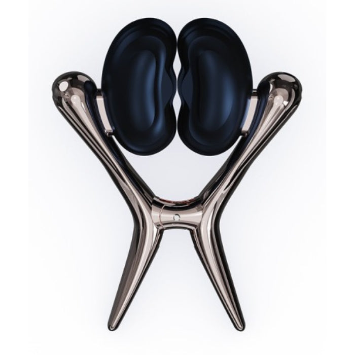 Black glossy bean-shaped vibrating nipple clamps on a sleek metallic silver stand for sensation play with vibrating units