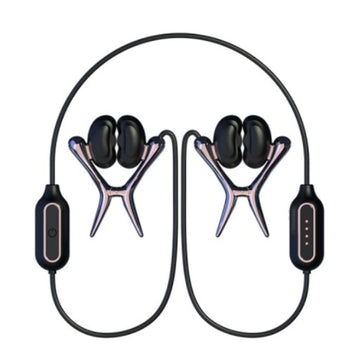 Black and silver wireless neckband earbuds with sleek ergonomic design suitable for sensation play and vibrating units