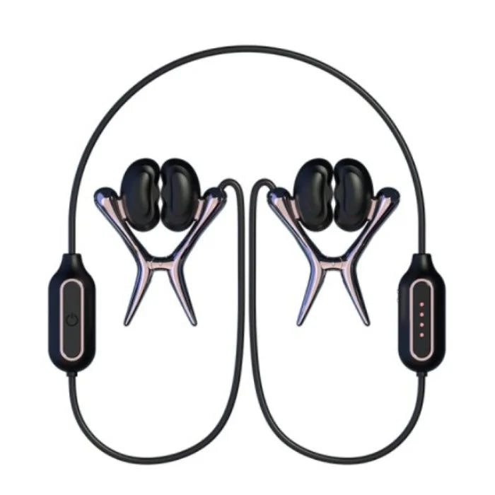 Black and silver wireless neckband earbuds with sleek ergonomic design suitable for sensation play and vibrating units