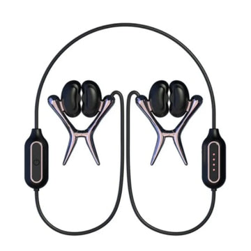 Black and silver wireless neckband earbuds with sleek ergonomic design suitable for sensation play and vibrating units