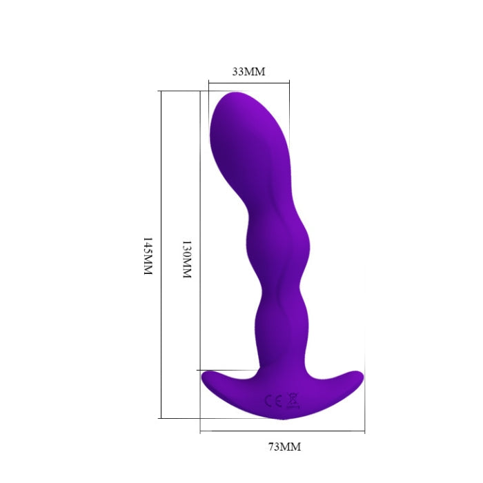 Purple silicone anal plug with curved shape, flared base for smooth black skin safe use